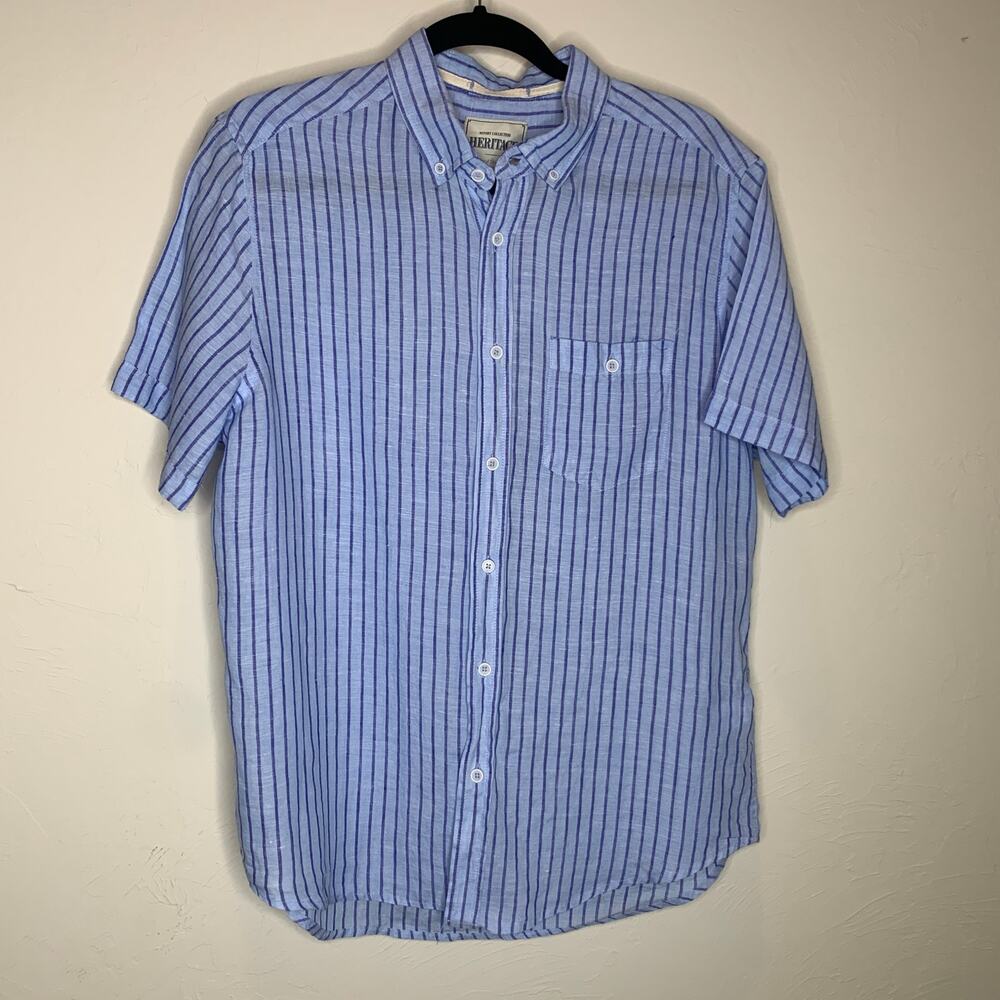 Linen Blue Striped Heritage Short Sleeve Shirt Sz Large